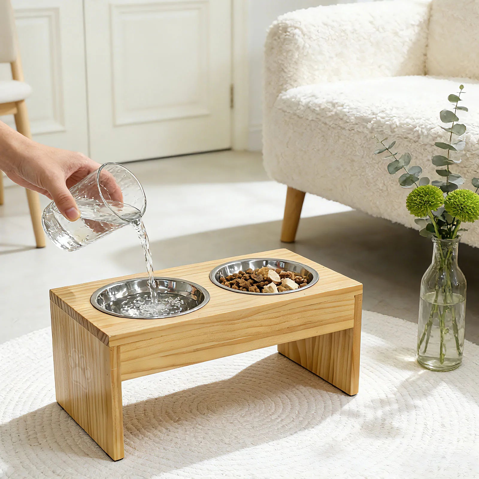 Wooden Elevated Dog Bowls, Raised Pet Feeder with Stainless Steel Double Bowls, Non-Slip Dog Food Water Stand for Medium Large Dogs by S And B Enterprise