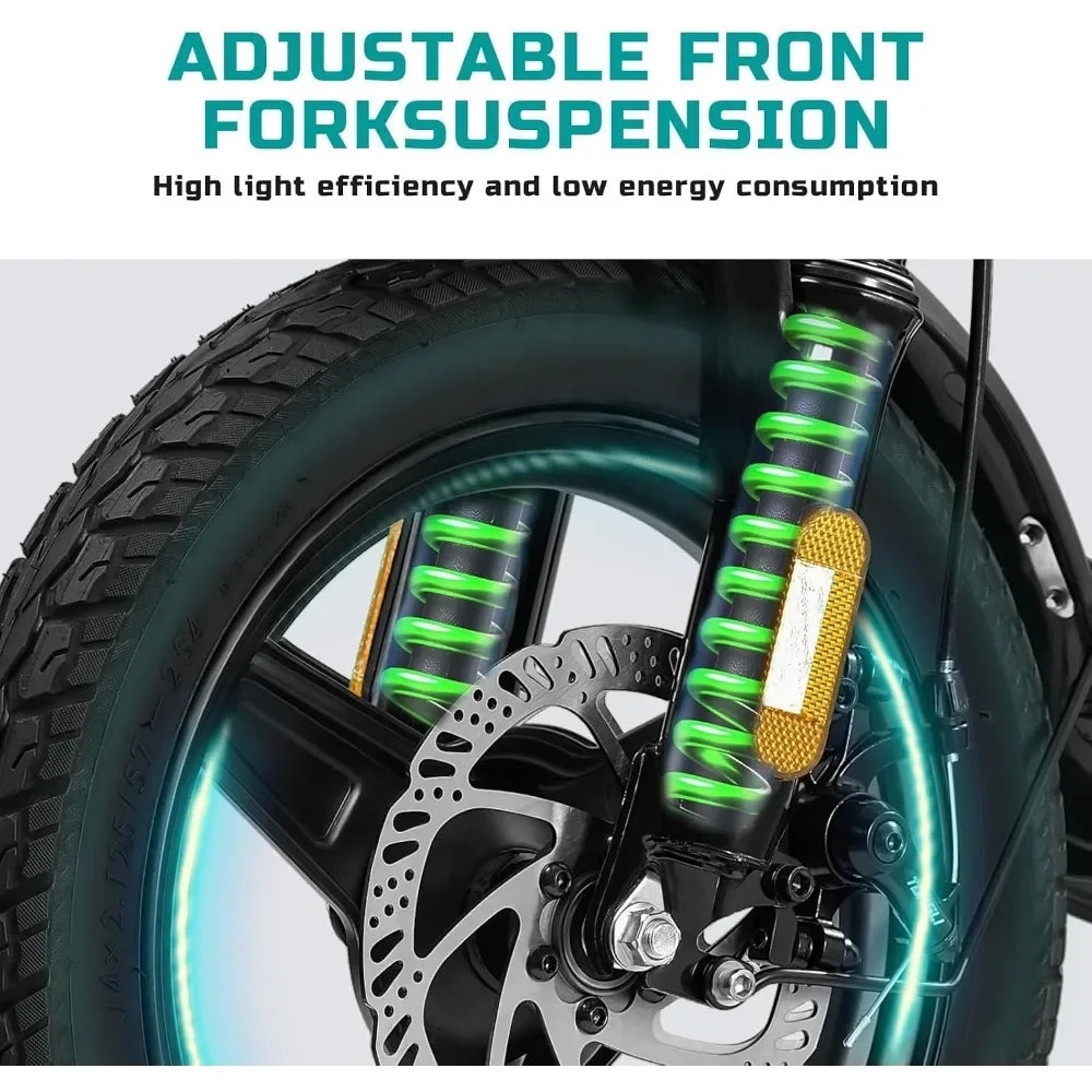 Foldable mini electric bicycle front wheel with neon-green coil suspension and disc brake