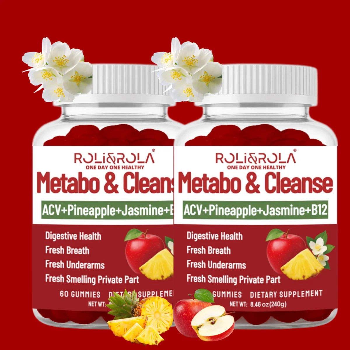 Two bottles of Metabo & Cleanse gummies with ACV, pineapple, jasmine, and B12; 60 gummies each.