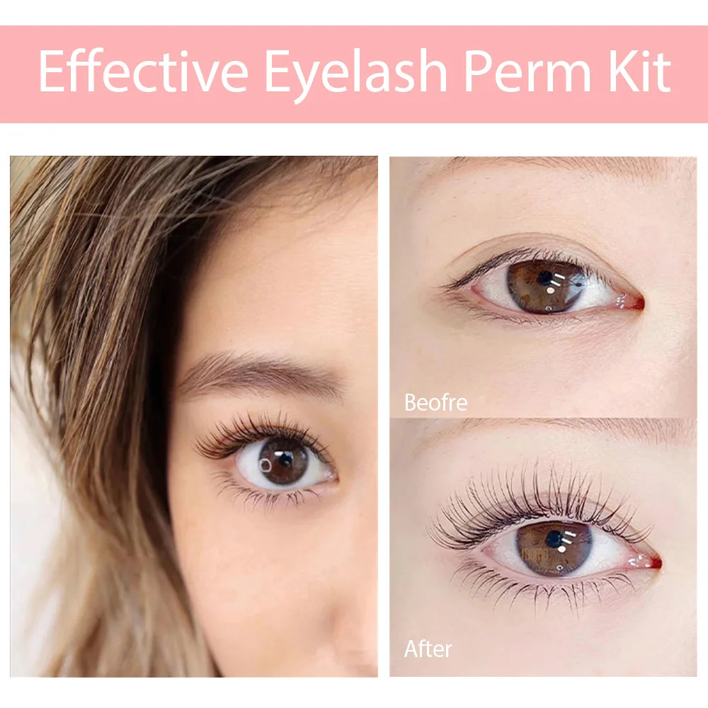 Lash lift kit by S And B Enterprise; before and after photos show lifted, curled lashes.