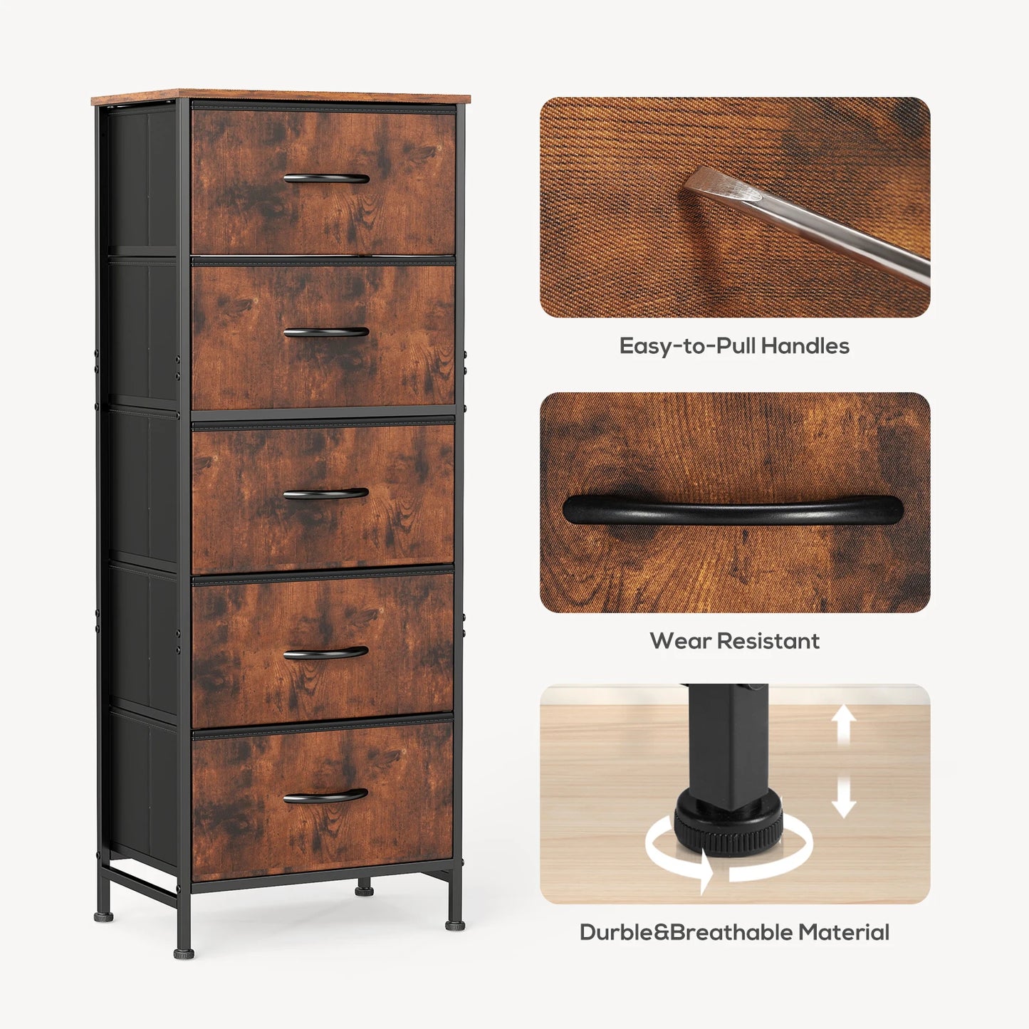 JHK 48IN Dresser For Bedroom With 5 Fabric Drawers Nightstand Wardrobe Steel Frame Closet For Clothes Storage Cabinet Furniture by S And B Enterprise
