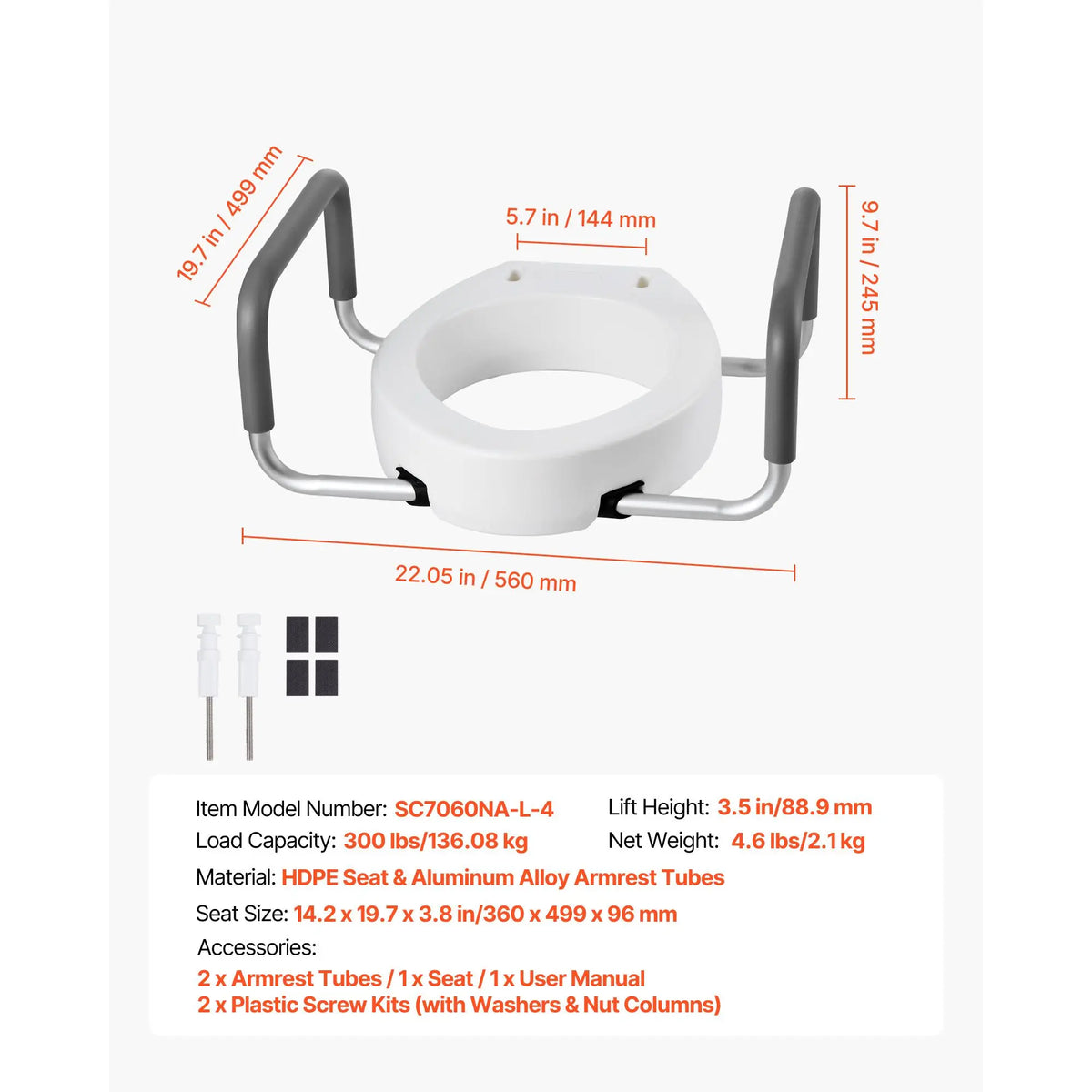 Raised toilet seat with arms by S And B Enterprise, 3.5 inch lift height, 300 lb capacity, padded handles.