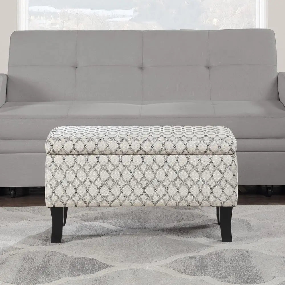 Transitional Ribbon-Patterned Upholstered Ottoman storage bench by S And B Enterprise in gray fabric with black legs