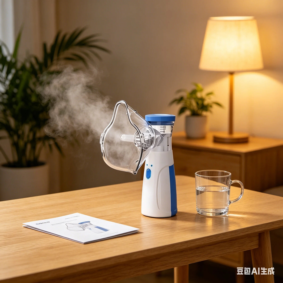 Revitalize facial steamer and humidifier 2-in-1 with blue accents and water tank on a wooden table.