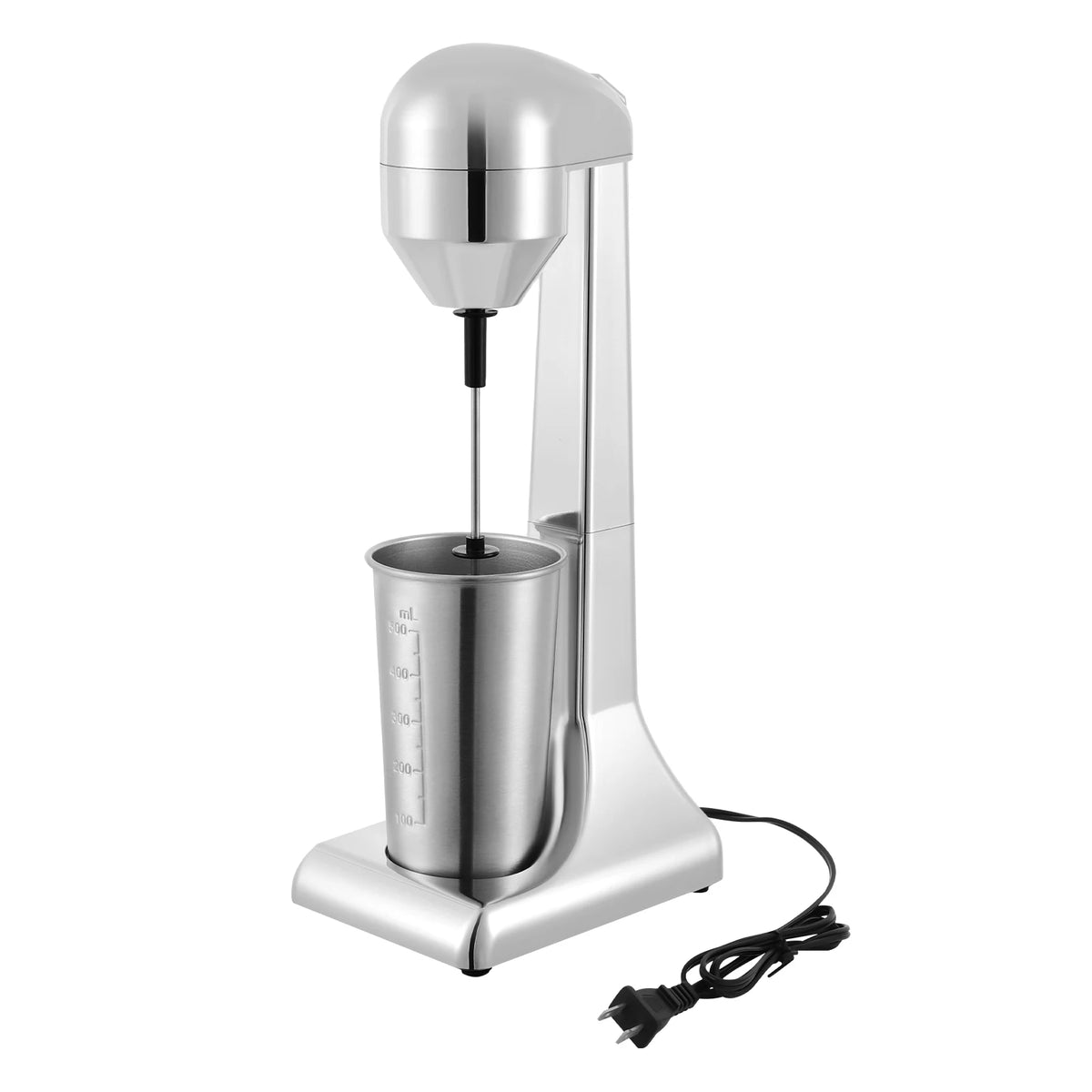 Milkshake maker with chrome finish, vertical stand, and 500ml stainless steel cup for home or cafe use