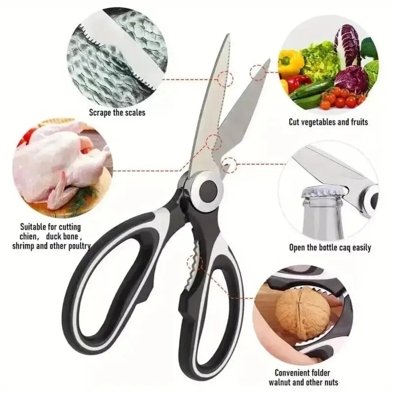 Multifunctional stainless steel kitchen scissors by S And B Enterprise; heavy duty bone cutting, bottle opening
