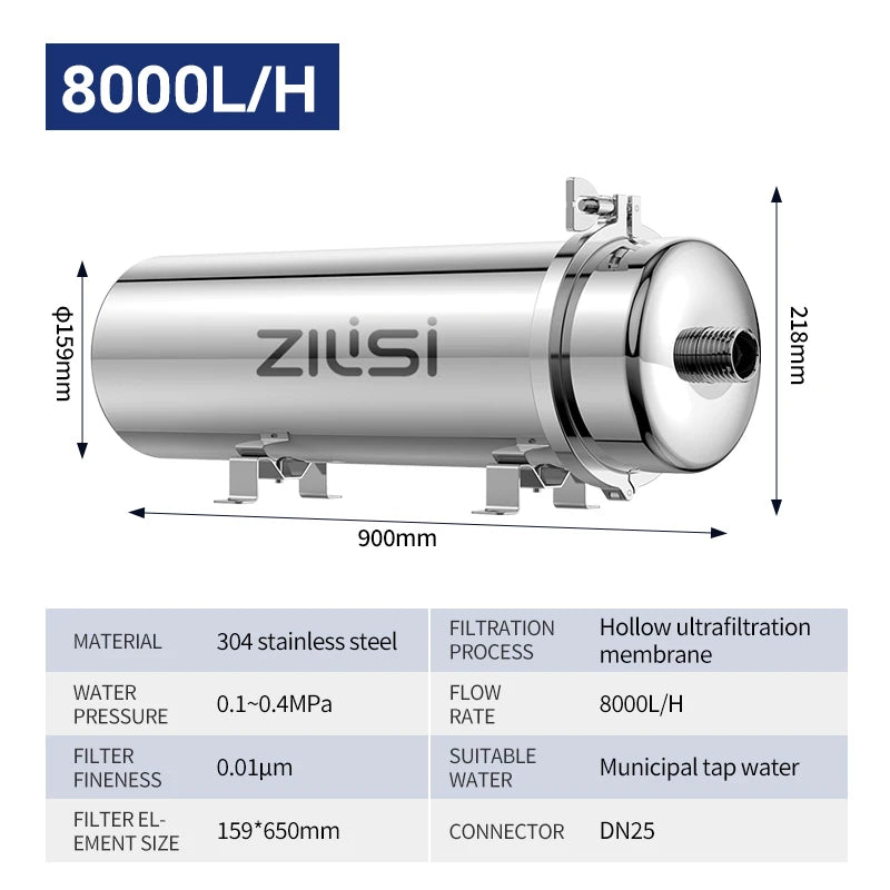 ZILISI stainless steel whole-house high-flow water purifier system, 8000 L/H, DN25 connectors.