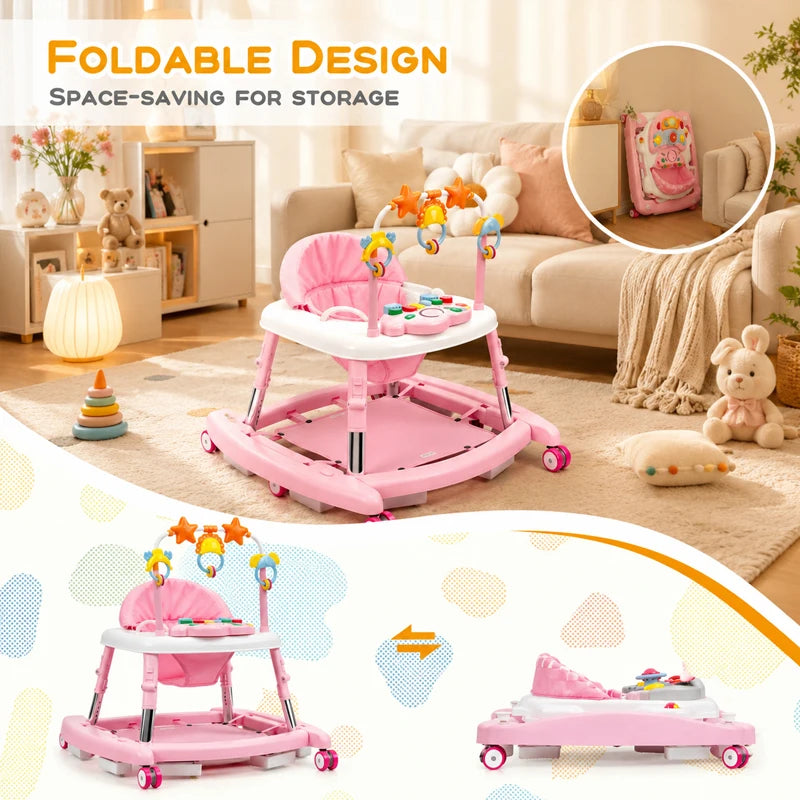 5-in-1 pink baby walker by S And B Enterprise, foldable toddler learning walker with musical toy bar and adjustable height