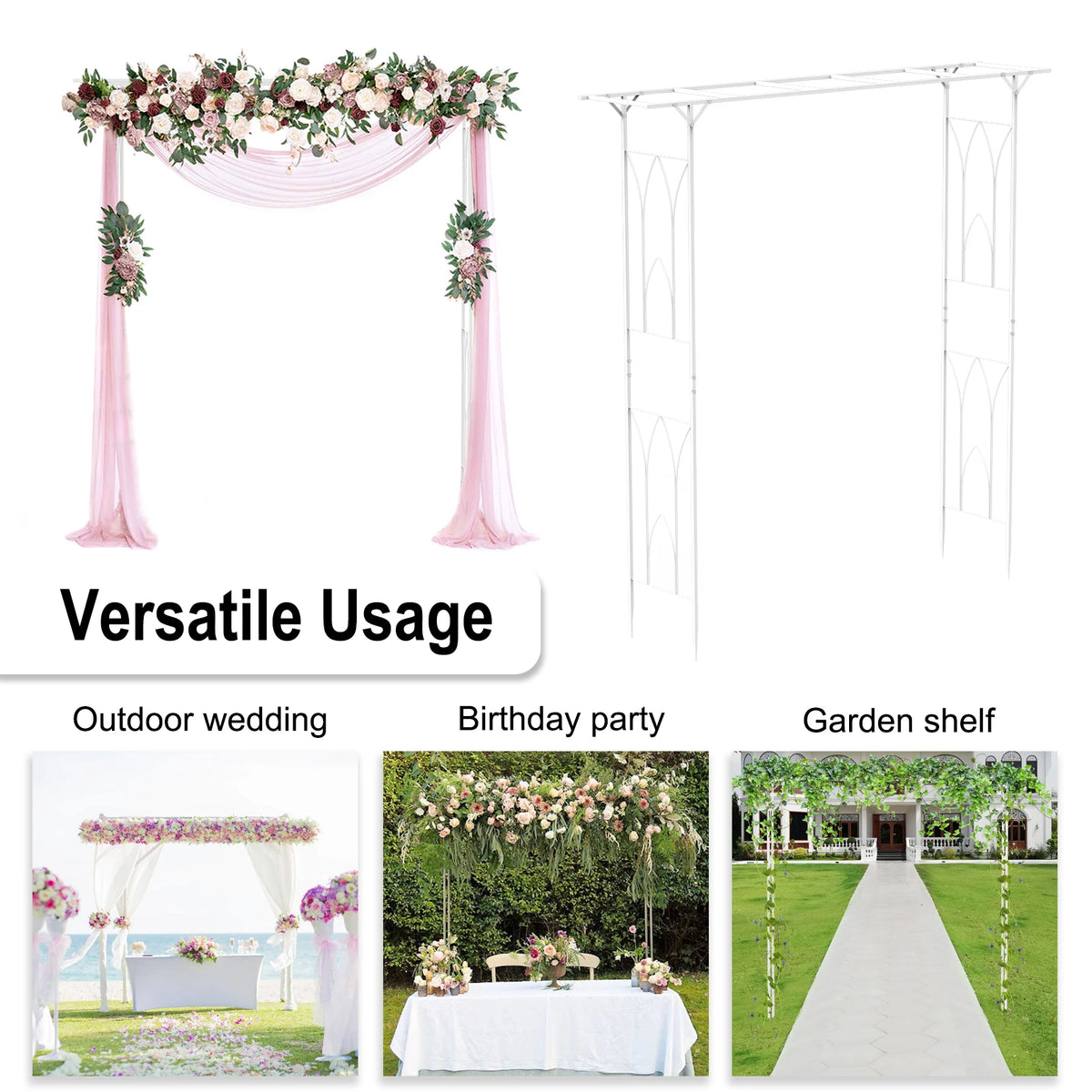Two white metal garden arches by S And B Enterprise; floral arch with pink drape and a plain frame.