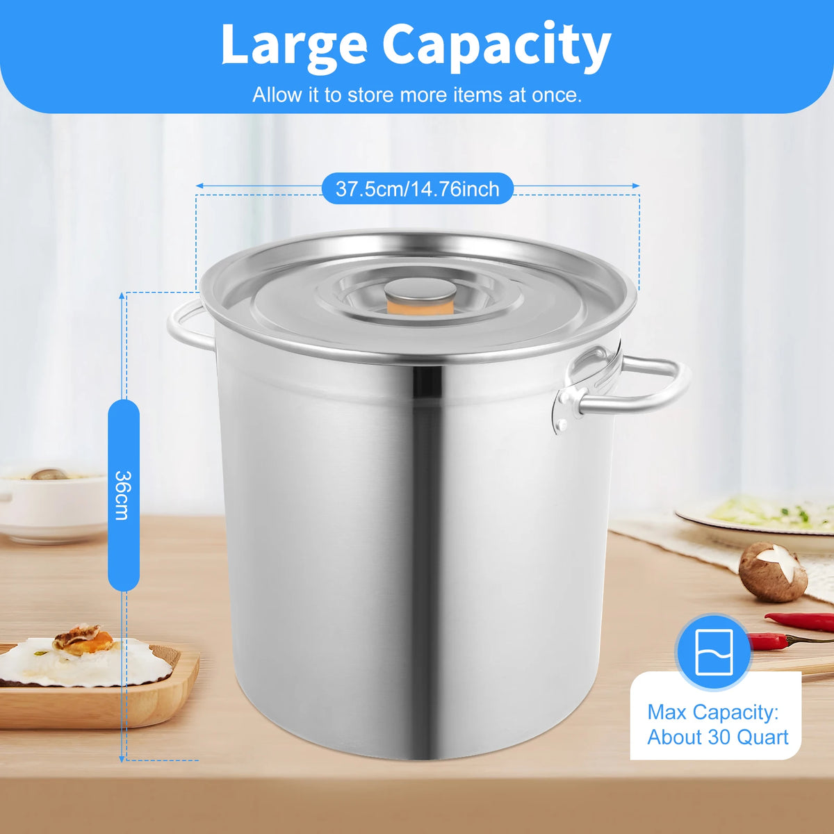 Stainless steel stock pot with lid and side handles; large-capacity kitchen cookware.