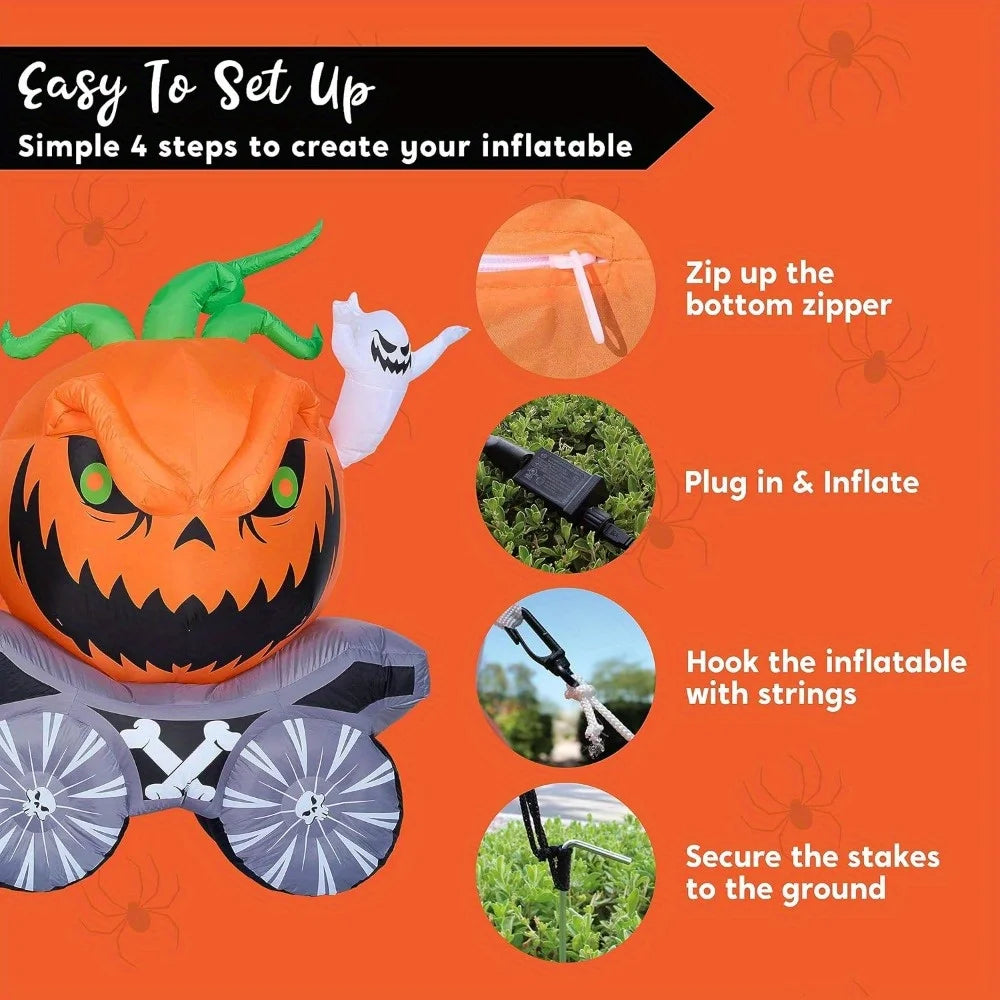 8 ft orange pumpkin carriage inflatable with built-in LEDs for outdoor Halloween yard decoration by S And B Enterprise