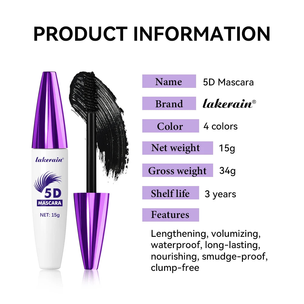 Lakerain 5D Mascara Eyelashes Waterproof Nourishing Smudge-Proof Lengthening Long-Lasting Intense Black Mascara Eye Makeup by S And B Enterprise