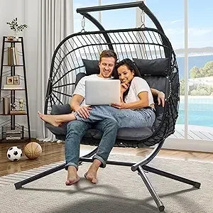 Outdoor Two Person Egg Swing Chair With Stand And Cushions