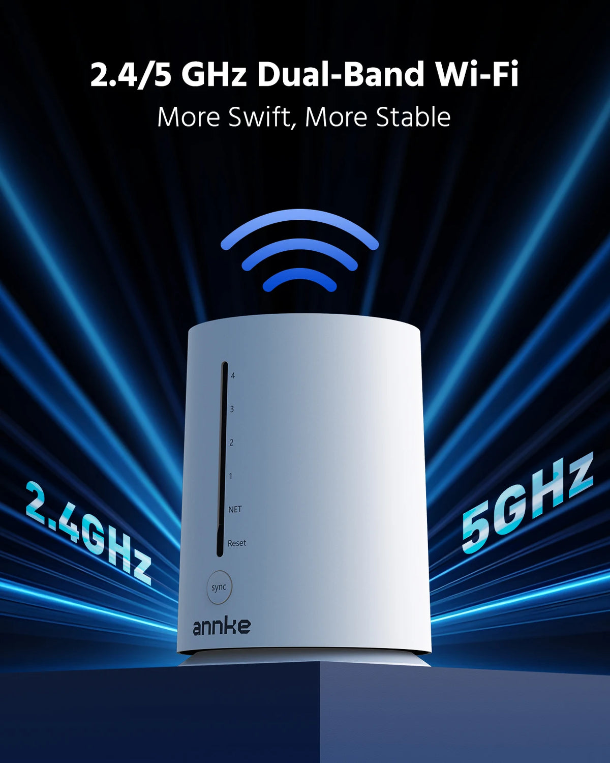 ANNKE white security hub base station with 2.4/5 GHz dual-band Wi-Fi, vertical status indicators and a sync button