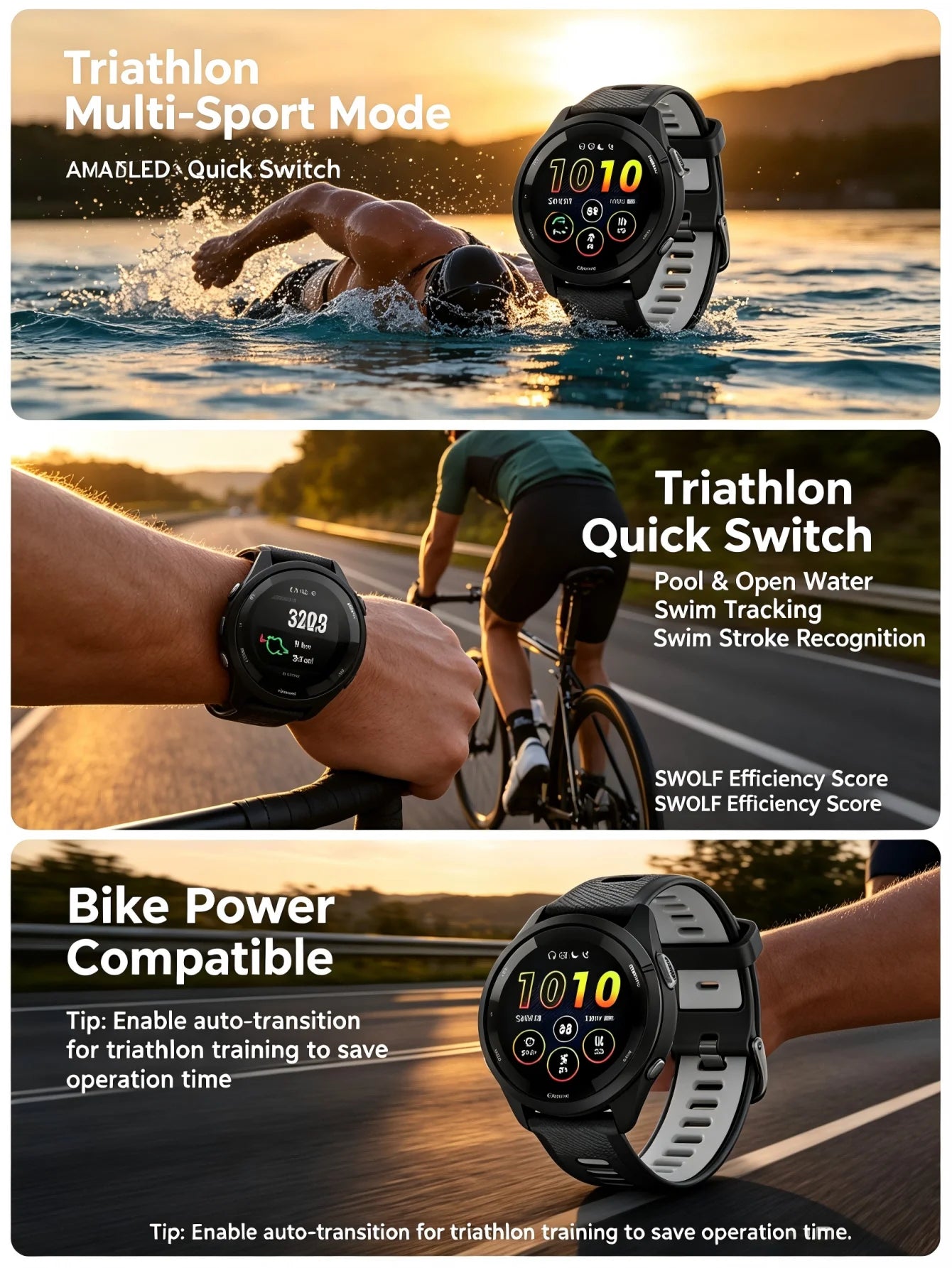 Garmin Forerunner 265 GPS running smartwatch; black case with gray strap, three watches shown