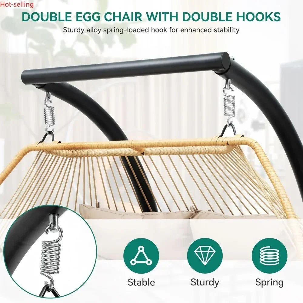 Outdoor Two Person Egg Swing Chair With Stand And Cushions