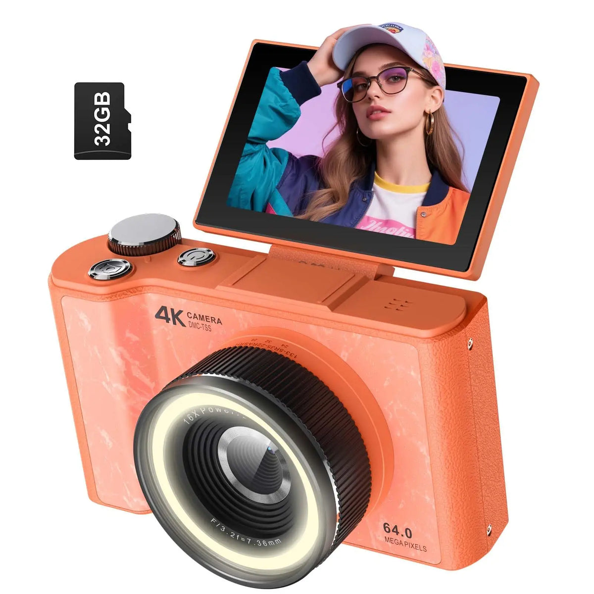 Orange 4K digital camera with ring light and 180° flip screen, beginner friendly with 32GB SD card.