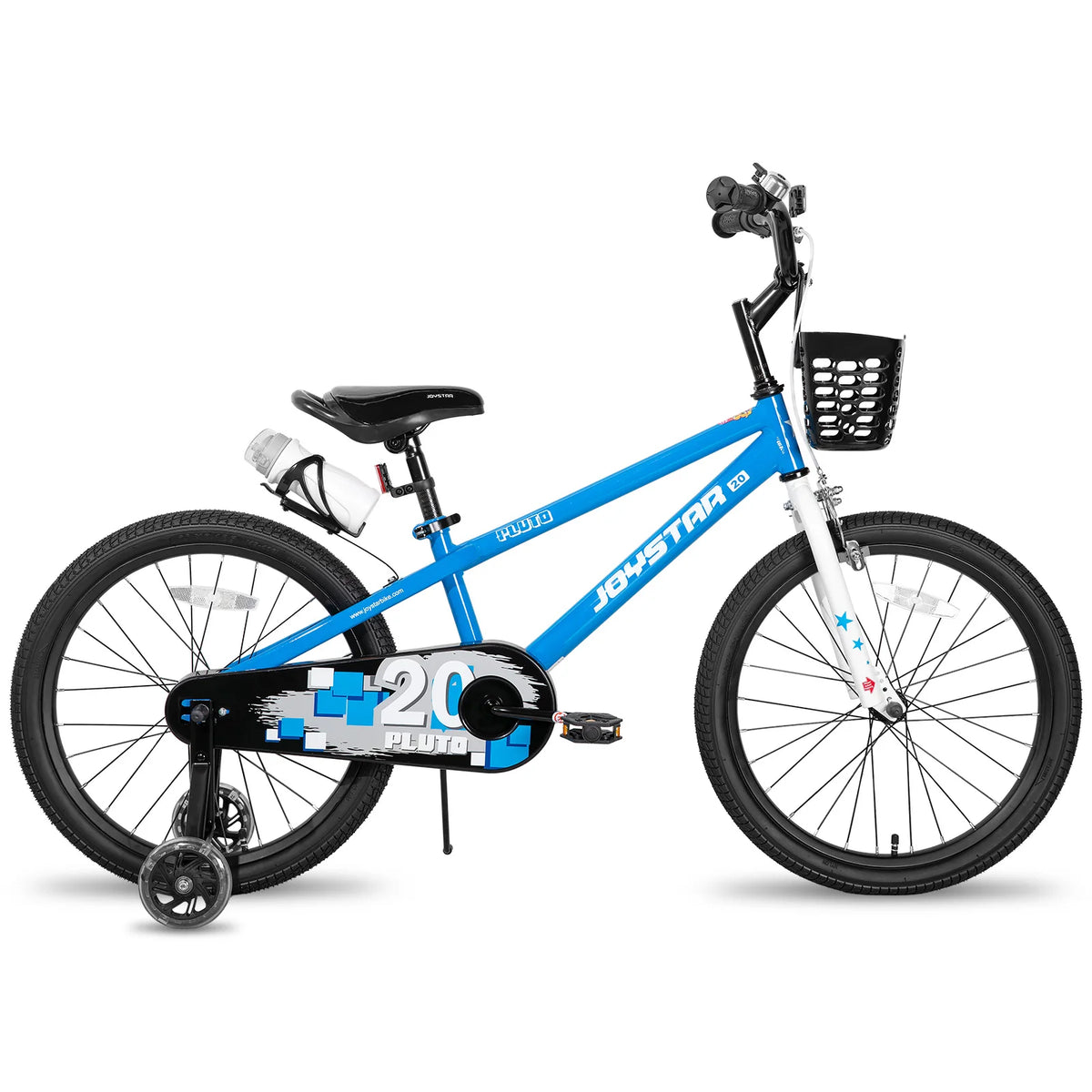 JOYSTAR children's bicycle blue frame with black front basket, white fork, and training wheels