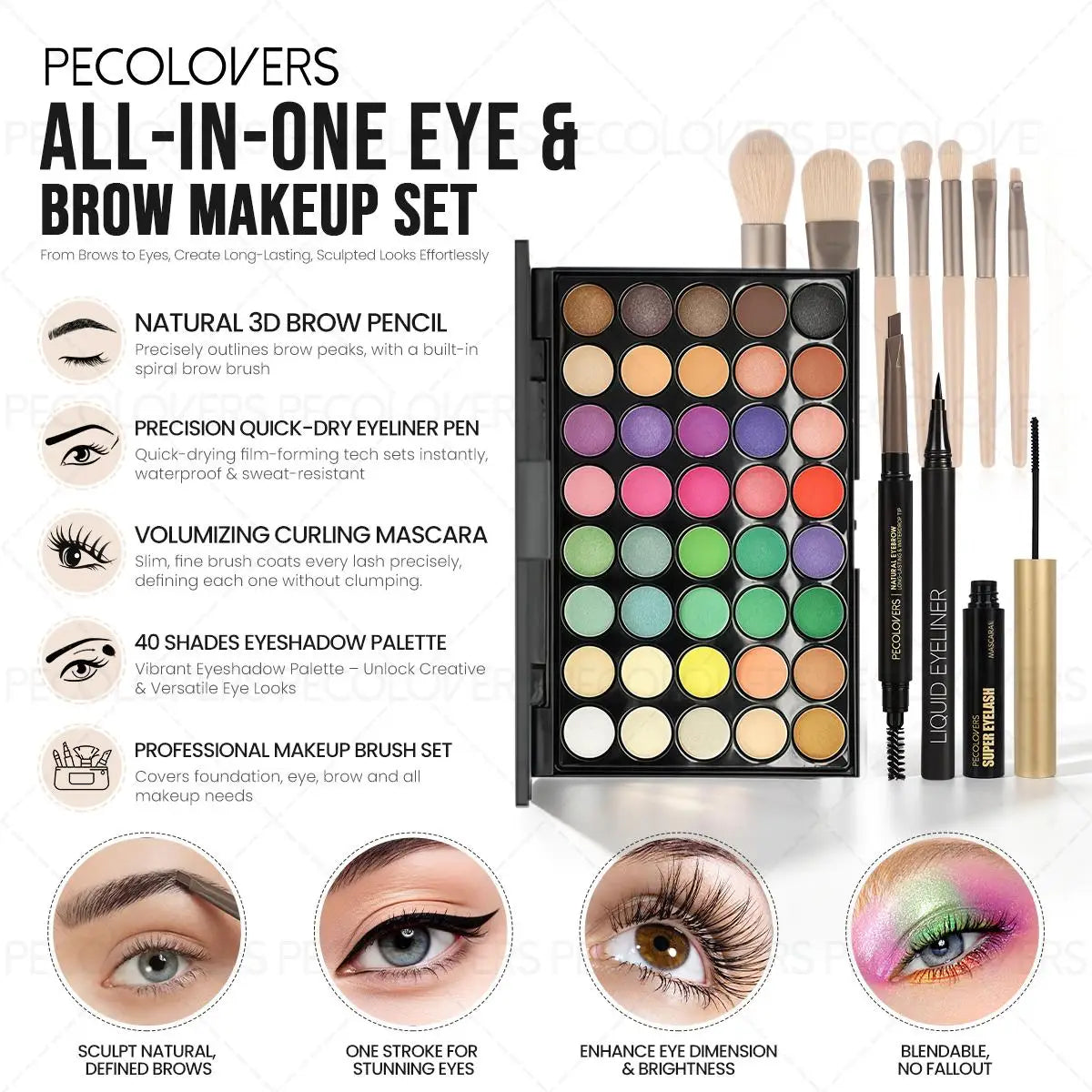 11-piece eye & brow makeup set with 40-color eyeshadow palette, 3D brow pencil, quick-dry liner, mascara and brushes