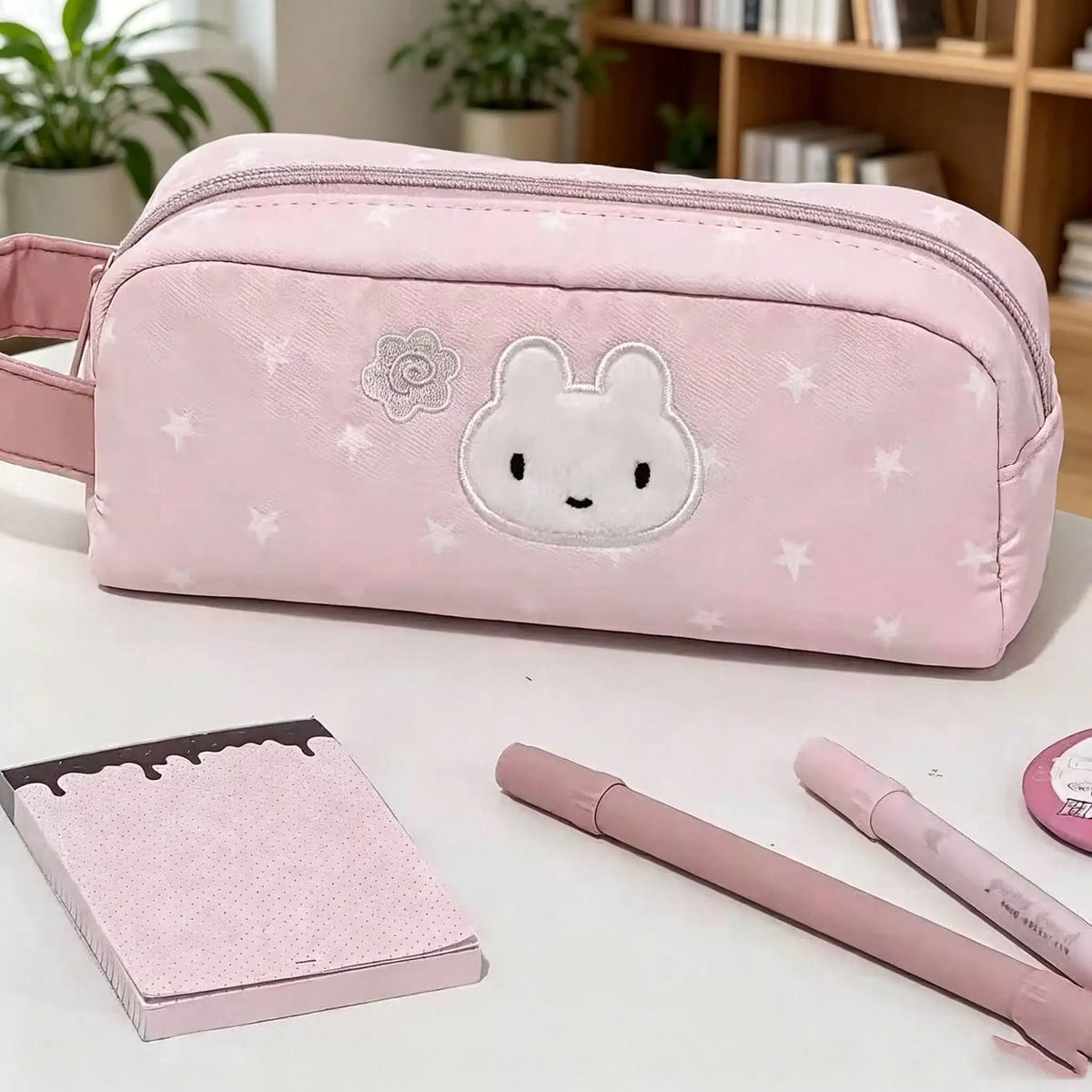 Star Print Embroidery Animal Pencil Case in soft pink fabric with bunny and panda design, large capacity