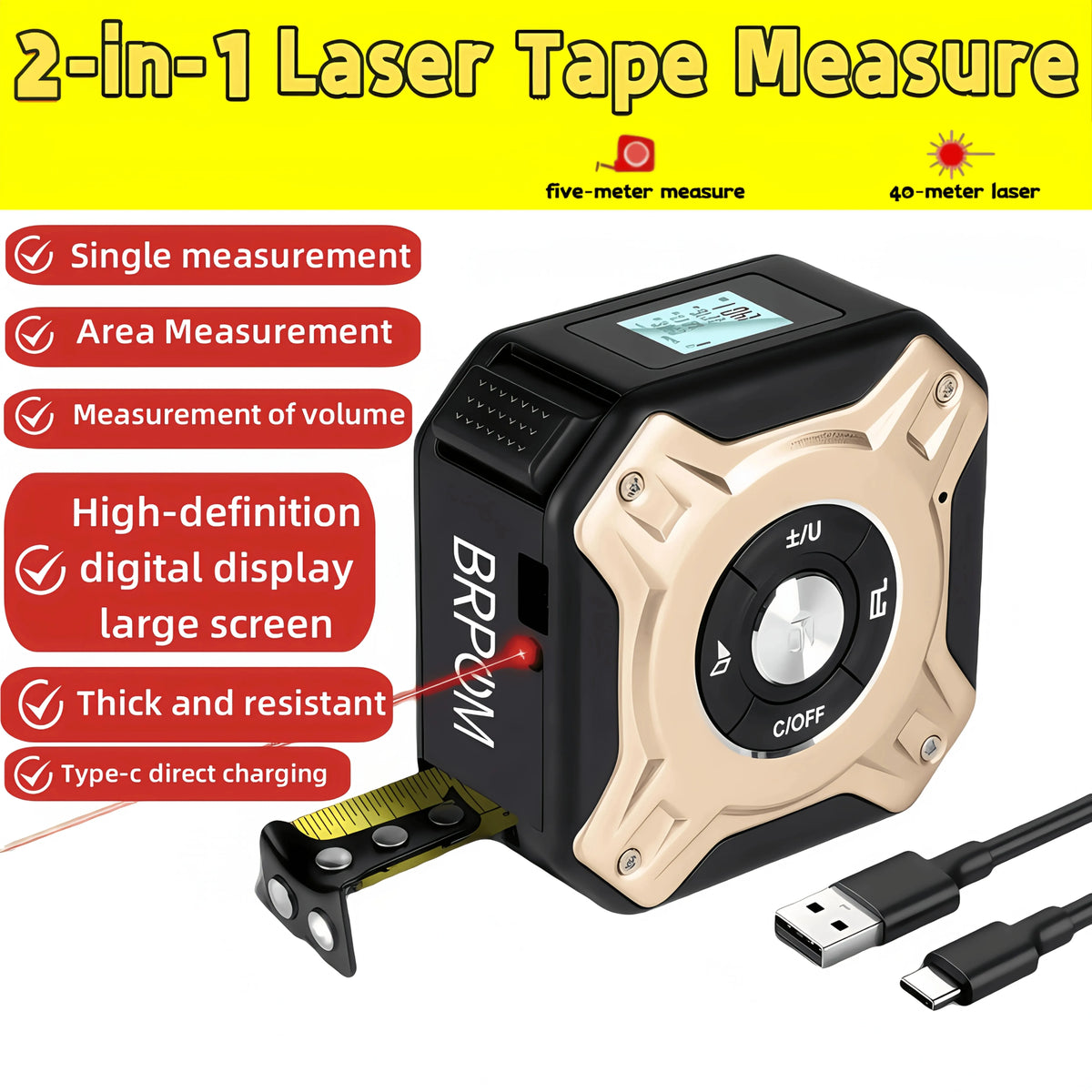 2-in-1 laser tape measure by S And B Enterprise; 50m laser range, 5m steel tape, digital display, non-slip.