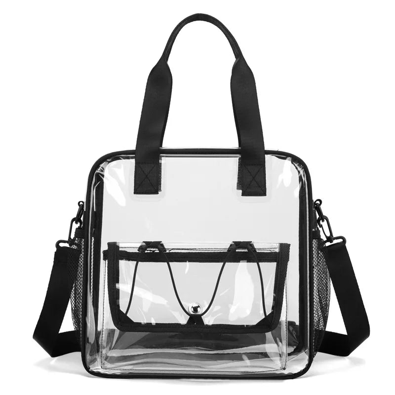 PVC transparent beach bag with black handles and detachable shoulder strap, featuring a front pocket with black trim.
