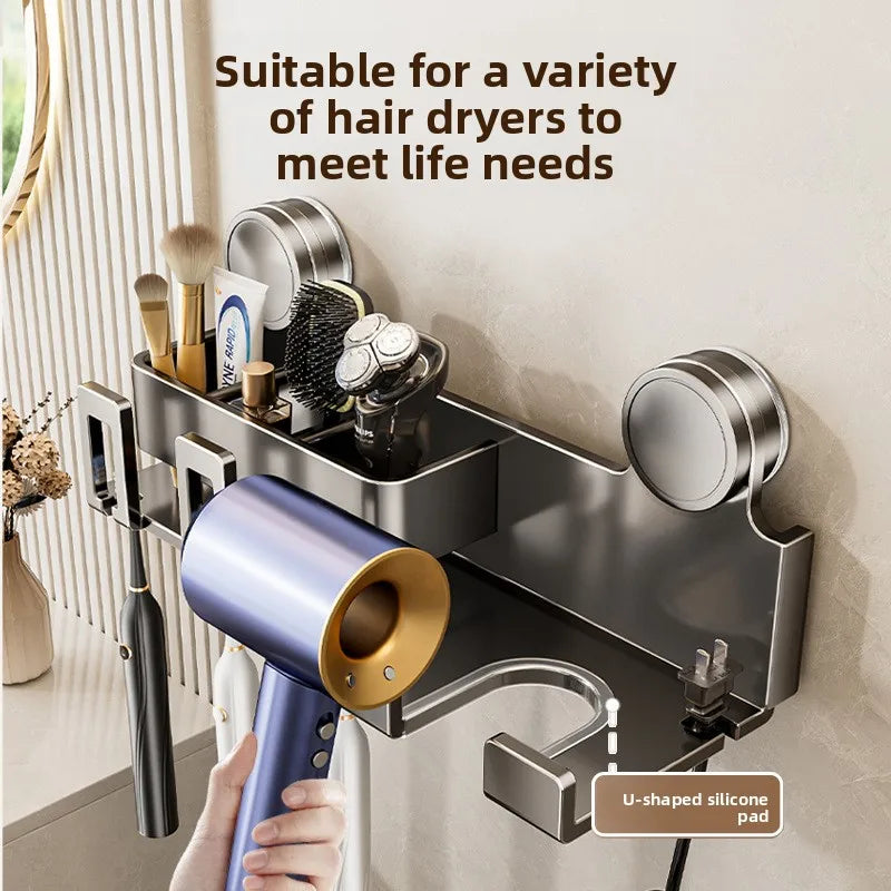 Suction cup toothbrush rack with a metal wall-mounted bathroom organizer for toothbrushes, cups, and a hair dryer bracket.