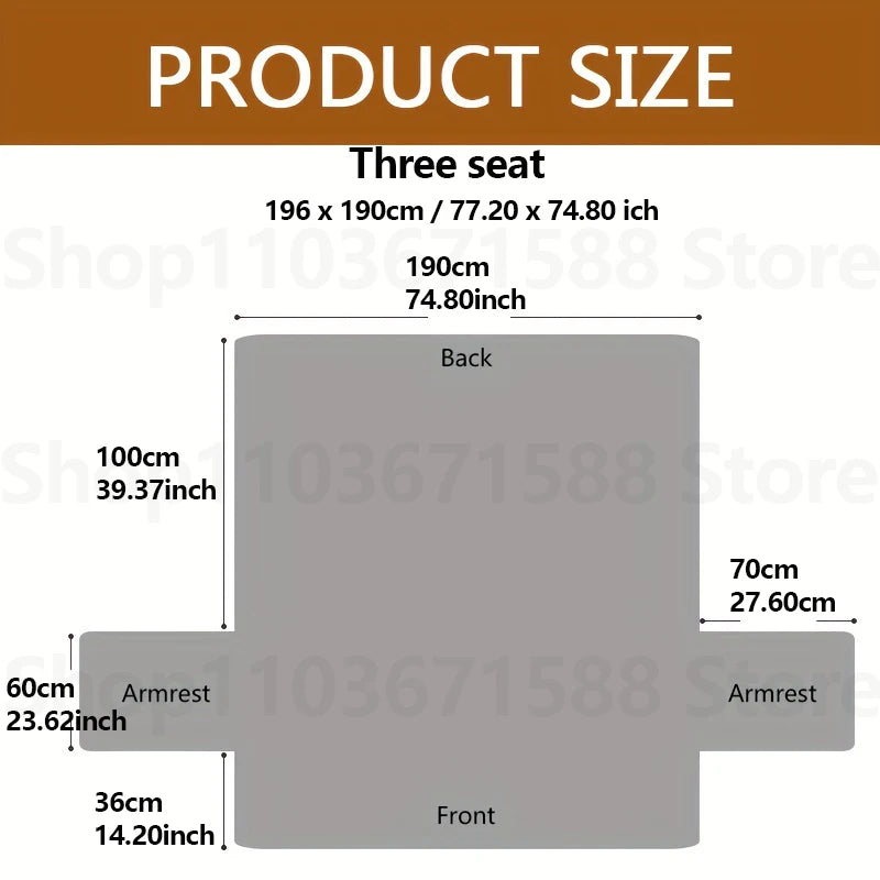 XM-Luvetoria 1pc integrated sofa cover, three-seat gray quilted slipcover, size diagram shows 196×190 cm overall.