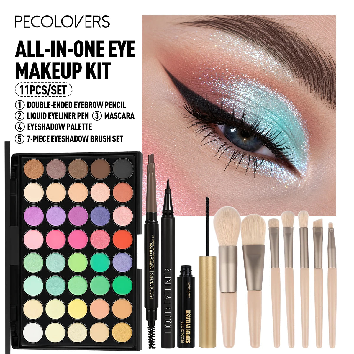 PECOLOR LOVERS All-in-One Eye Makeup Kit, 11-piece set with 40-shade palette, brow pencil, liquid liner, mascara and brushes