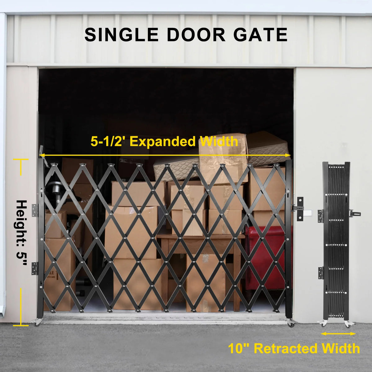 Single door black steel folding security gate by S And B Enterprise, accordion expandable to 5-1/2 ft width