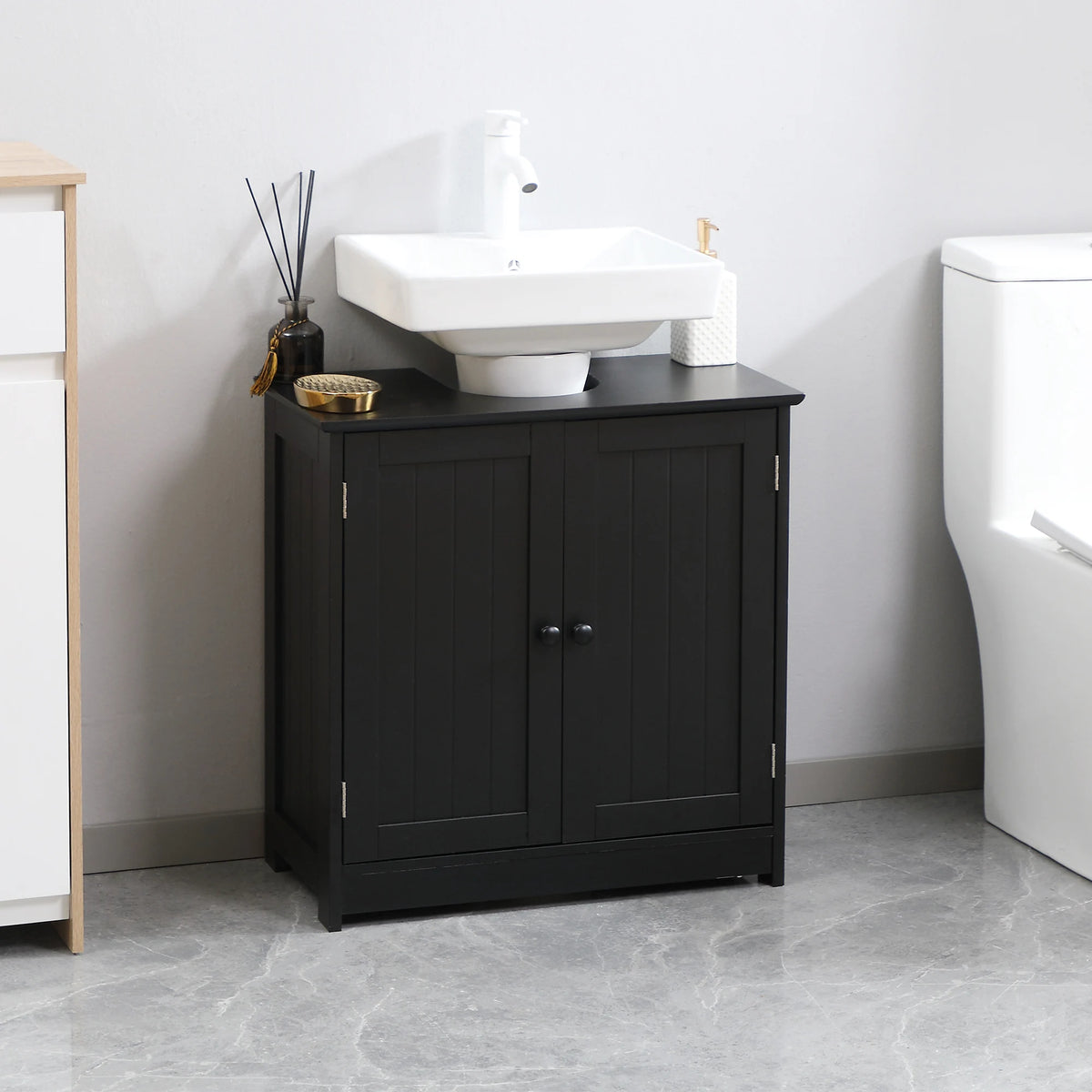 Homcom under-sink bathroom vanity cabinet in black with two doors and a white rectangular sink