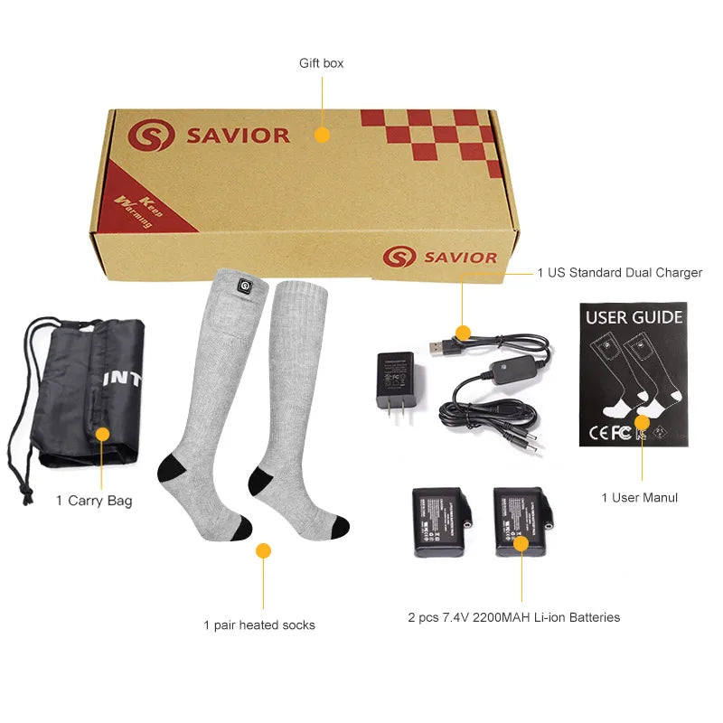 Snow Deer heated socks set by Savior; gray knit socks, carry bag, 2 Li-ion batteries, and dual charger.