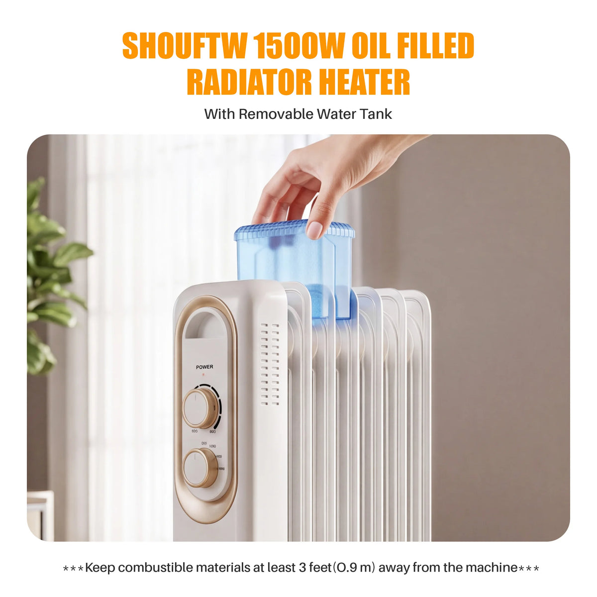 JHK 1500W oil-filled radiator heater with removable blue water tank and front control dials