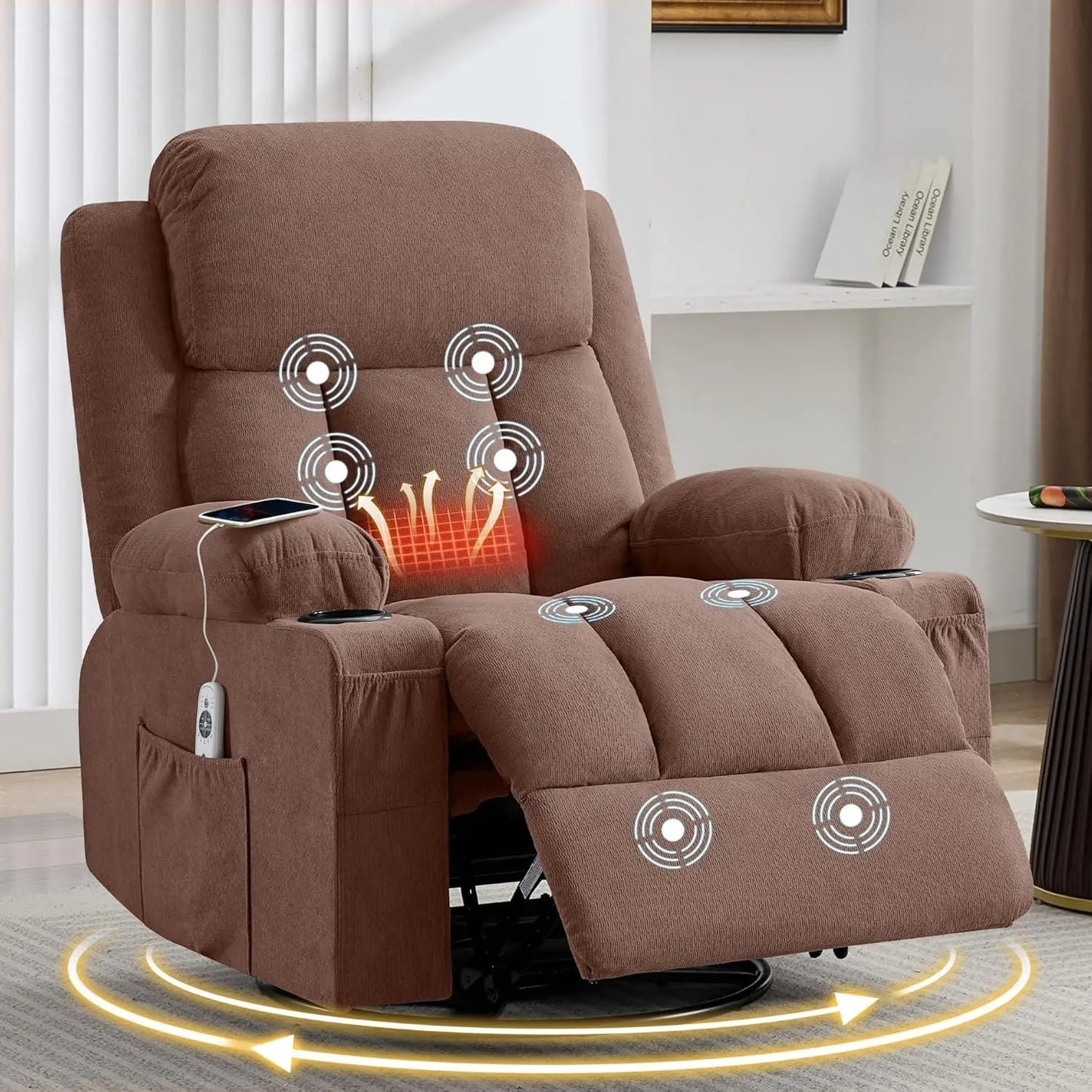Swivel Rocker Recliner Chair With Vibration Massage Heat USB Port
