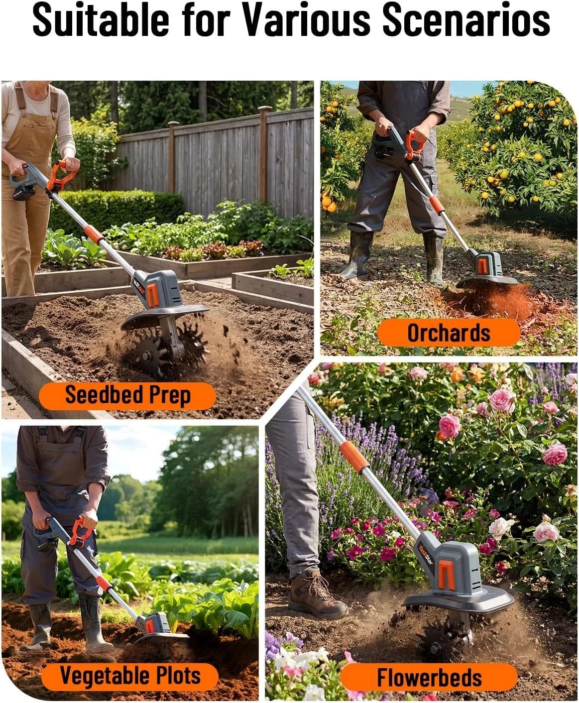 TaskStar cordless electric garden tiller, orange and gray, lightweight soil cultivator for seedbeds and flowerbeds