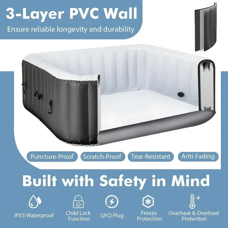 Inflatable hot tub by S And B Enterprise with 130 bubble jets, insulated lockable cover, ground mat and filters