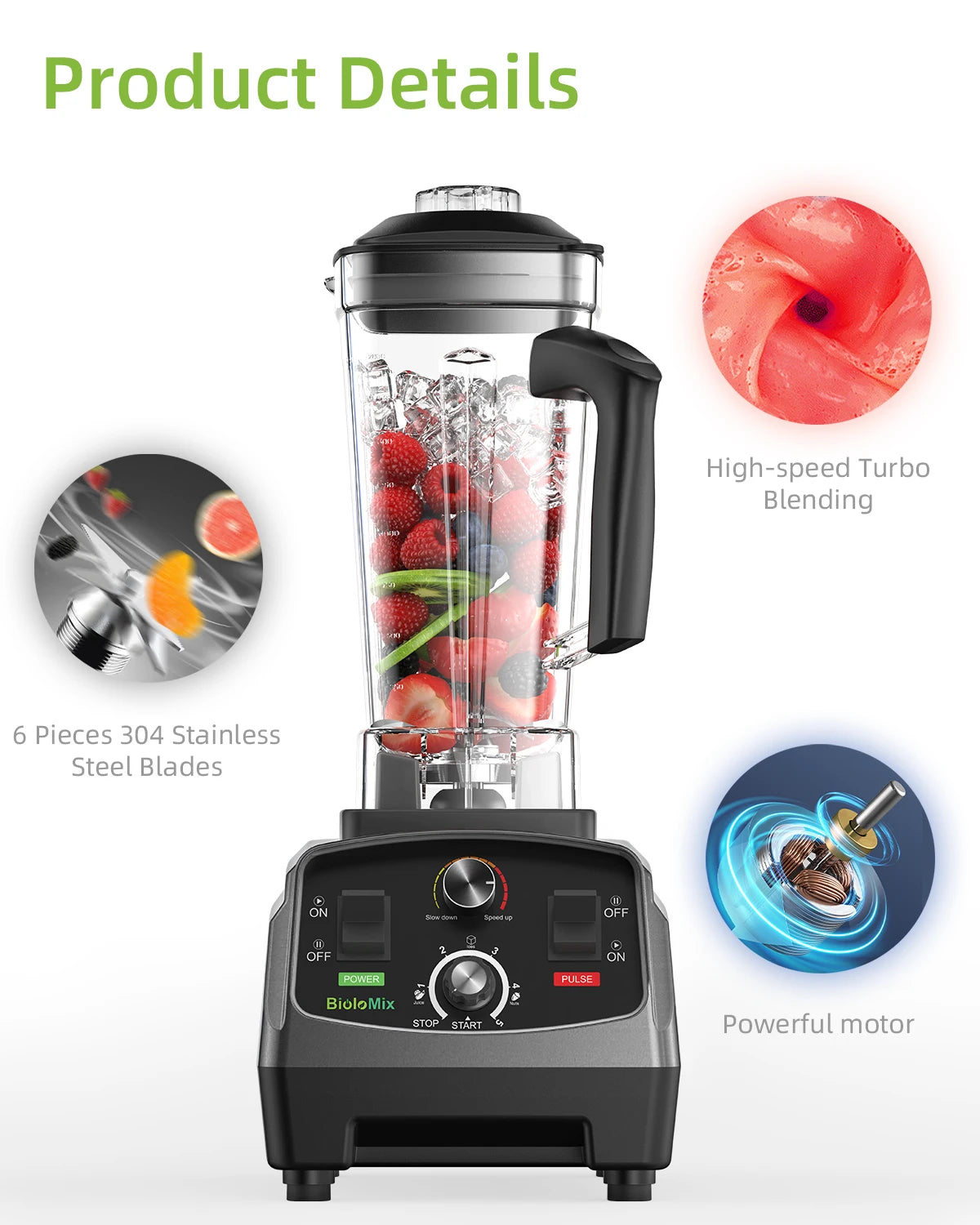 BioloMix blender with 2L BPA-free jar, black base and 6-piece stainless steel blades