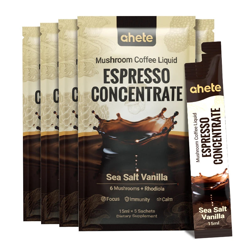 AHETE Mushroom Coffee Liquid Espresso Concentrate Sea Salt Vanilla flavor, 15ml x 5 sachets, S And B Enterprise
