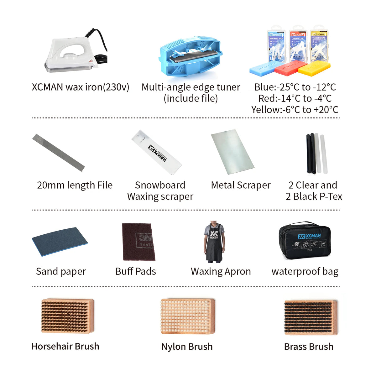 XCMAN Complete Ski/Snowboard Tuning Kit with wax iron, edge tuner, wax blocks, files, scrapers, P-Tex, brushes, bag