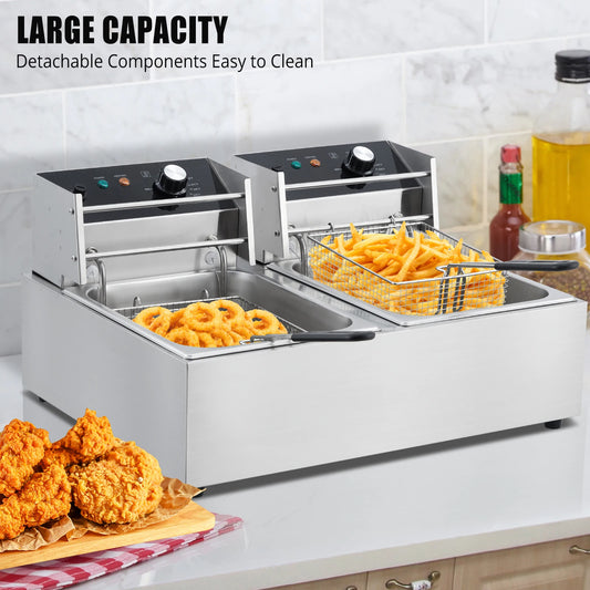 Adoolla Commercial Electric Dual Tank Countertop Stainless Fryer