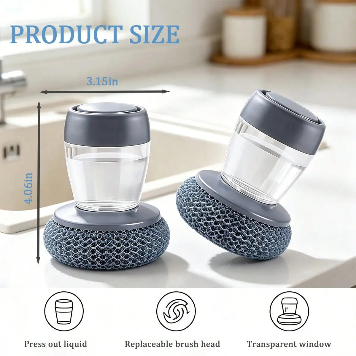 Self-filling soap dispenser brush with replaceable head; gray cap, transparent body, blue mesh scrubber base - set of 2