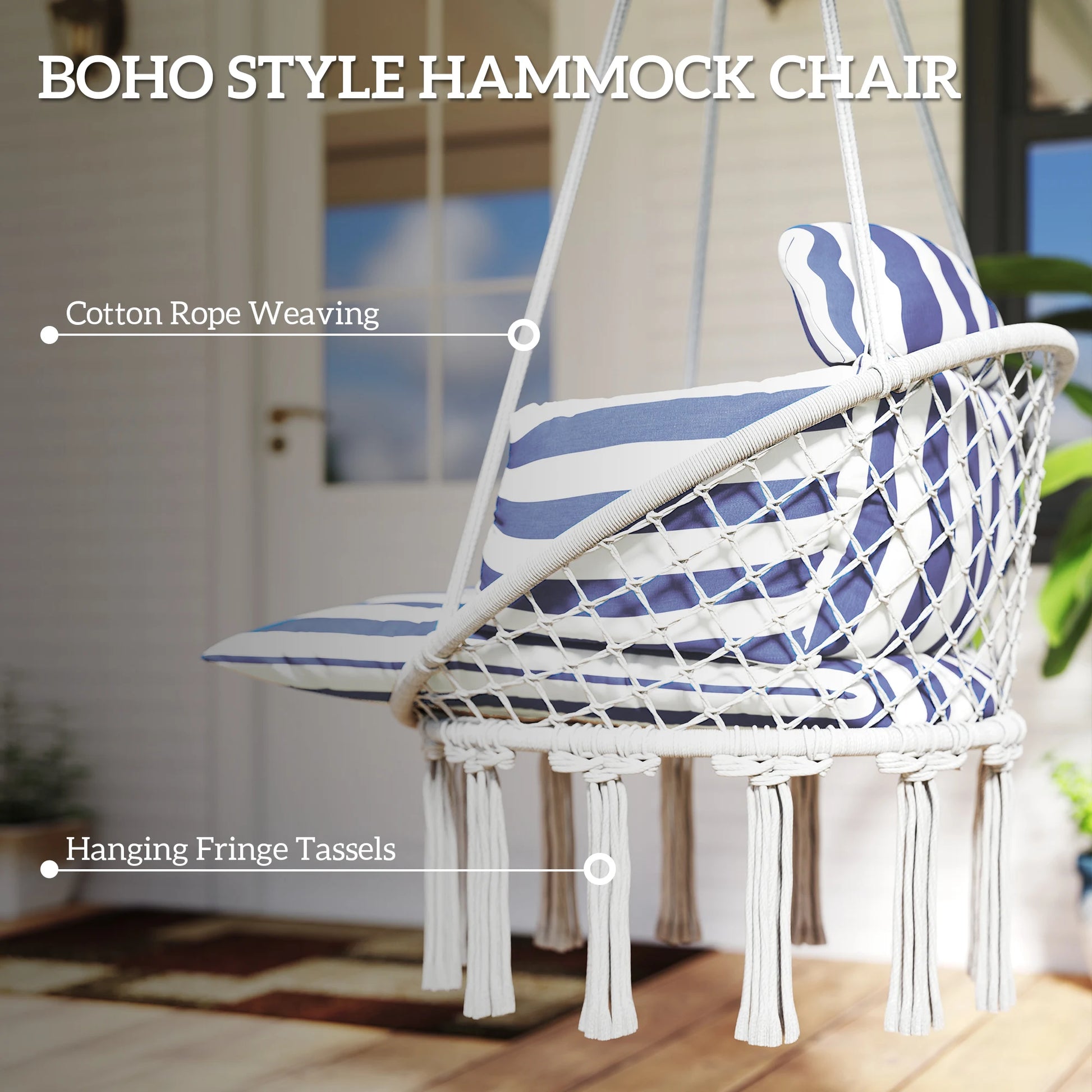 Hanging Hammock Chair with Cushion, Macrame Swing Chair, Blue by S And B Enterprise