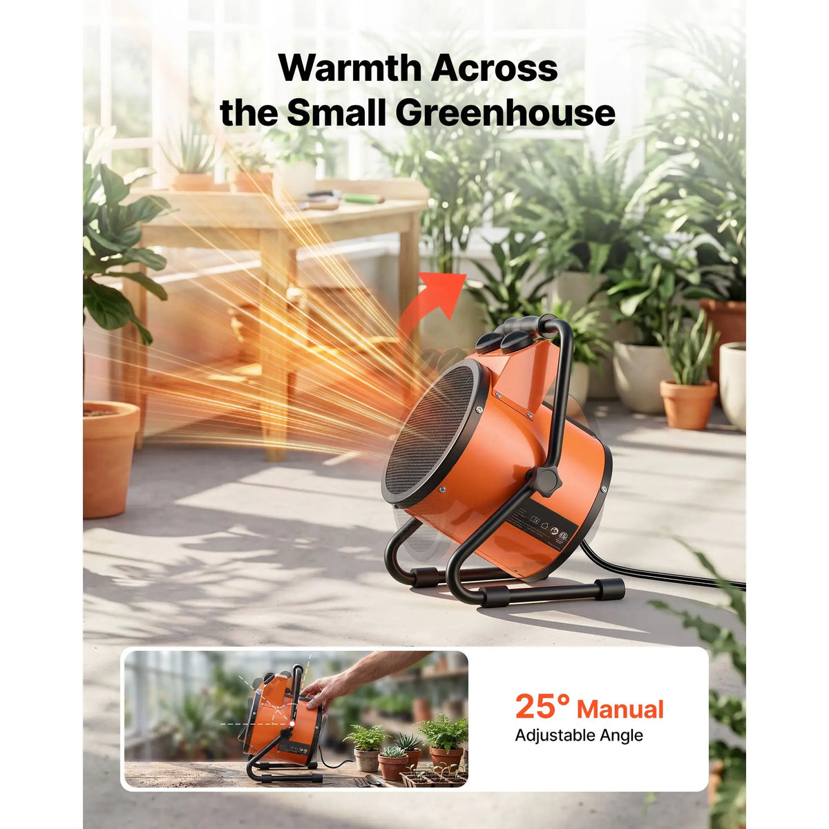 Greenhouse heater by S And B Enterprise, 1500W with fan, 25° adjustable angle, IPX4, orange metal body