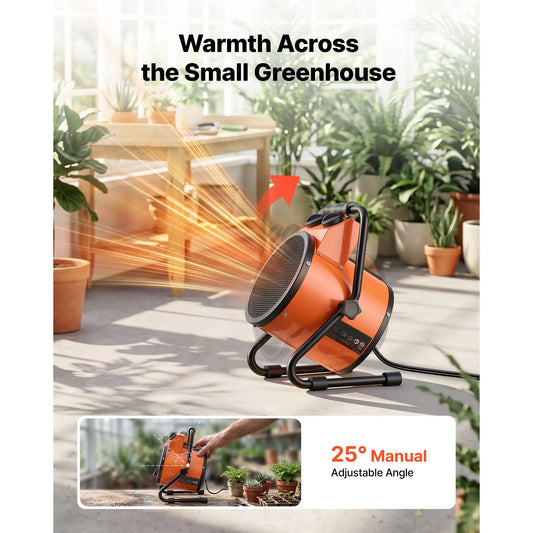 Greenhouse heater by S And B Enterprise, 1500W with fan, 25° adjustable angle, IPX4, orange metal body