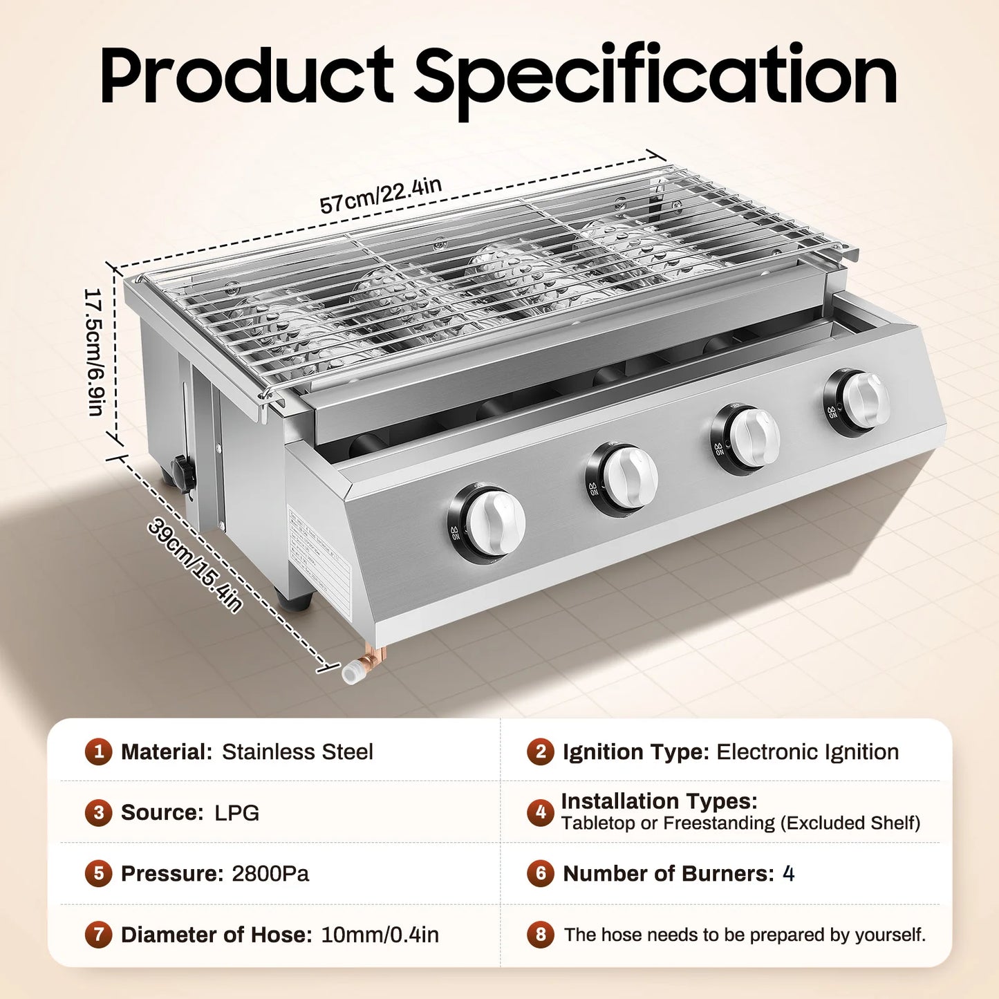 Four-Burner Propane Gas Grill Stainless Steel Portable BBQ Grill