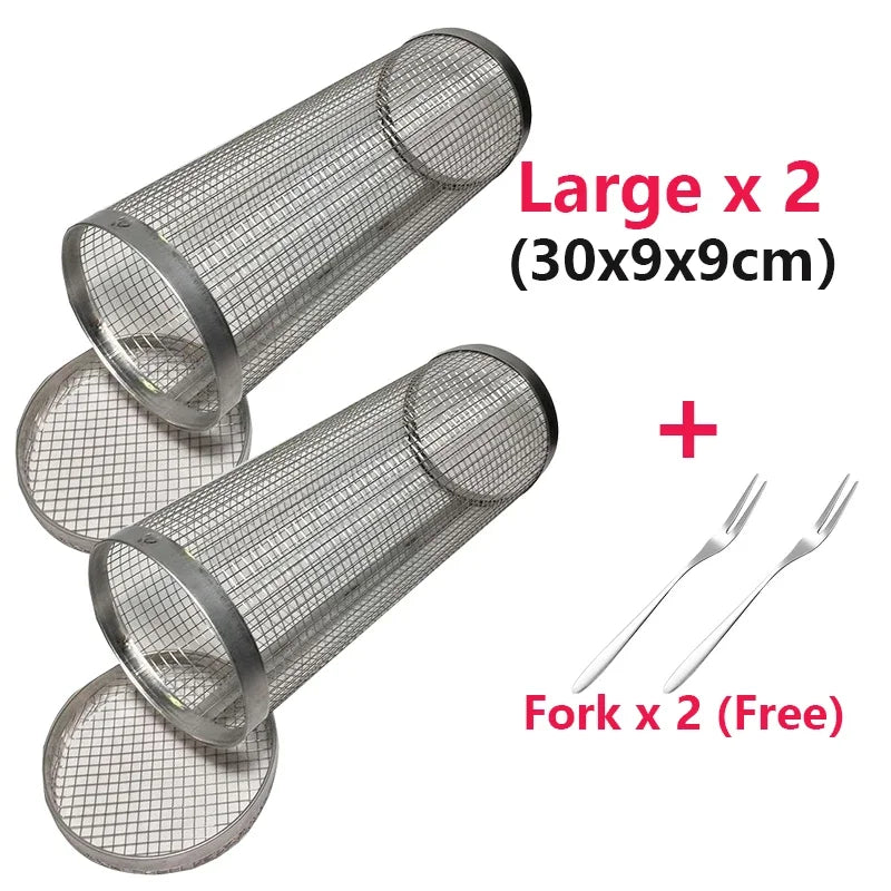 Stainless steel leak-proof rolling BBQ baskets, 2 large cylindrical mesh grills (30x9x9 cm), includes 2 forks