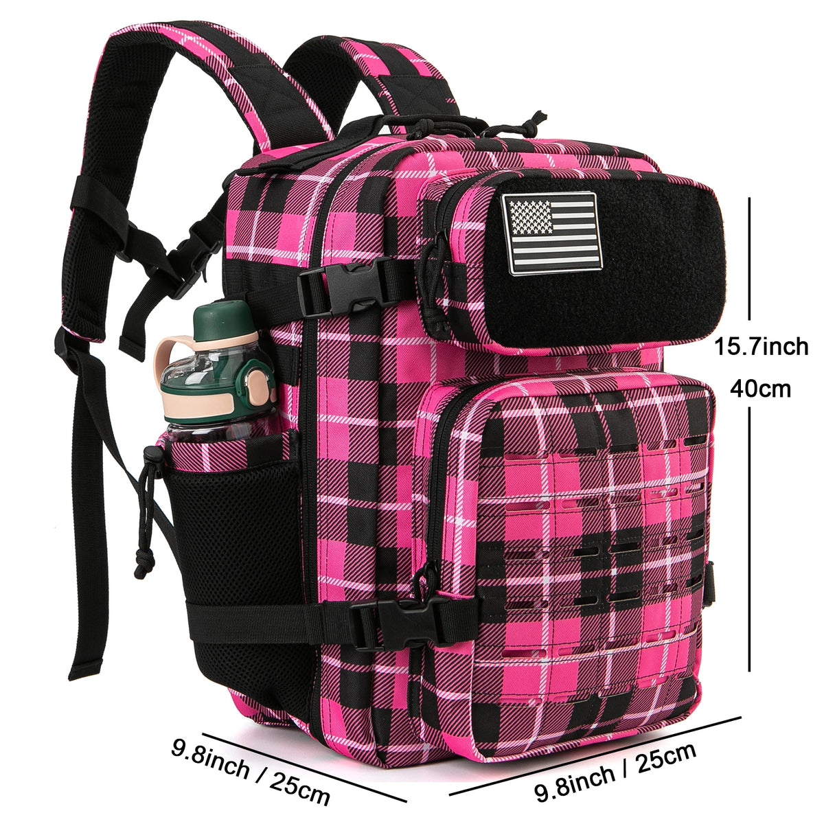 25L tactical backpack, pink plaid pattern with black straps and American flag patch by S And B Enterprise