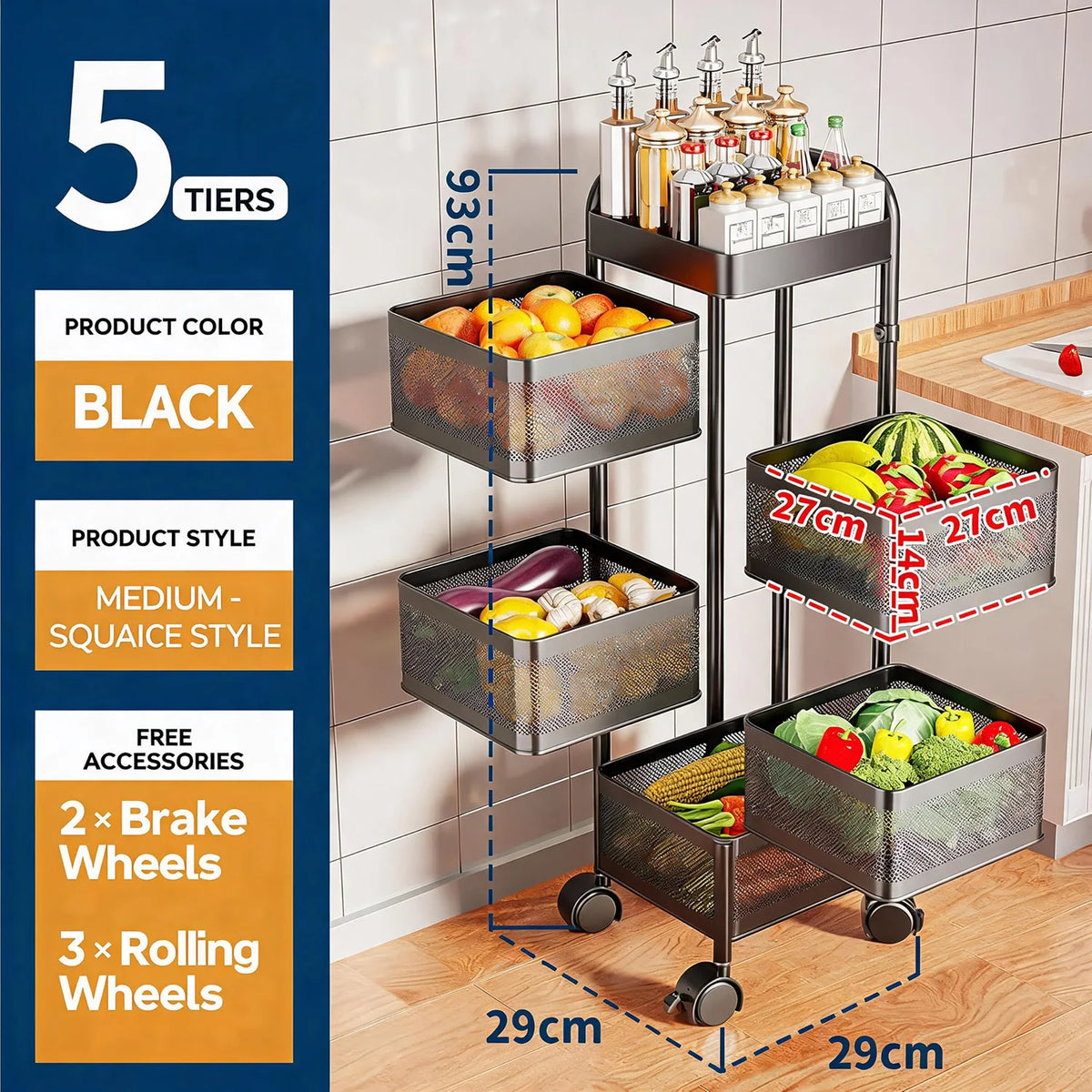S And B Enterprise black 5-tier thickened carbon steel rotating storage cart with wheels for produce and bottles