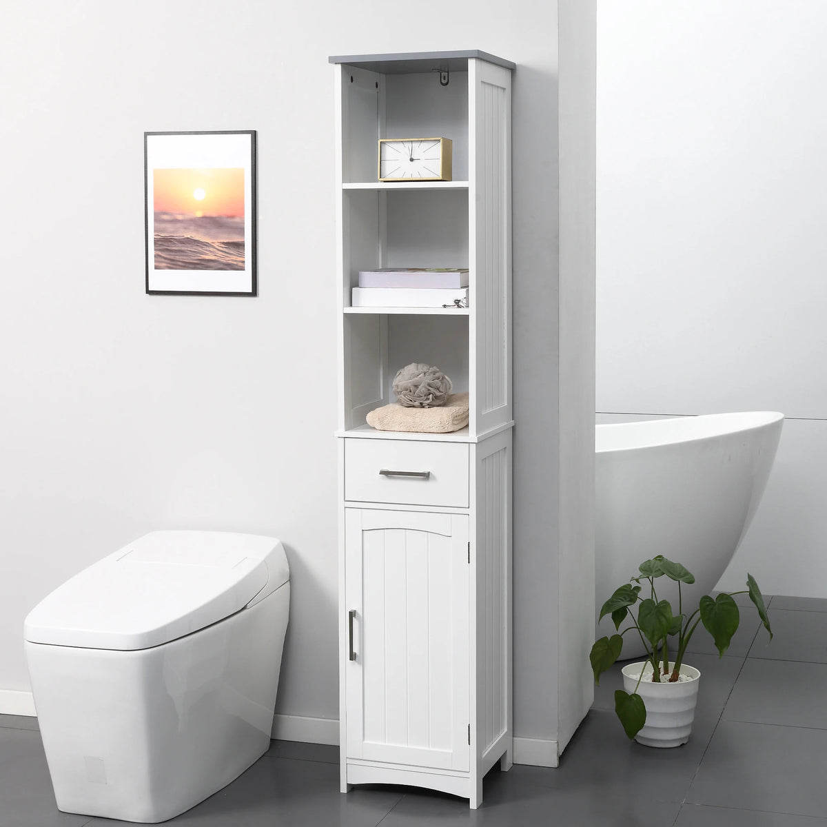 Tall white bathroom storage cabinet with 3 open shelves and a bottom drawer, slim freestanding linen tower