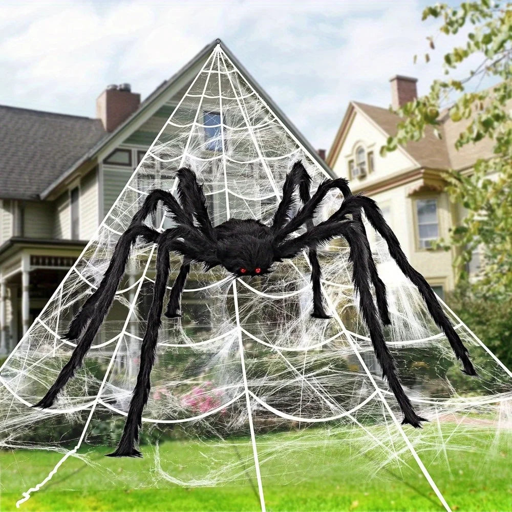 Giant black spider outdoor decor by S And B Enterprise on a 23x18 ft triangular white spiderweb